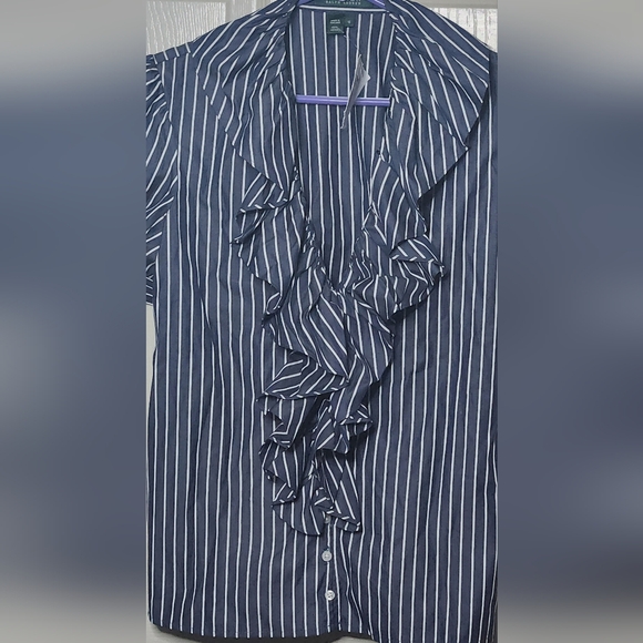 Lauren Ralph Lauren Women's white/blue stripe short sleeve ruffled front blouse - Picture 4 of 6